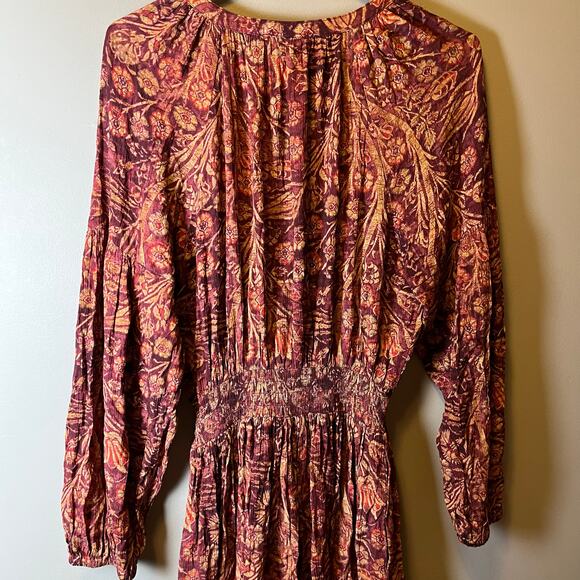Peruvian Connection Adria Dress Burgundy Gold Floral V Neck Raglan Sleeve Small‎ - Picture 5 of 5